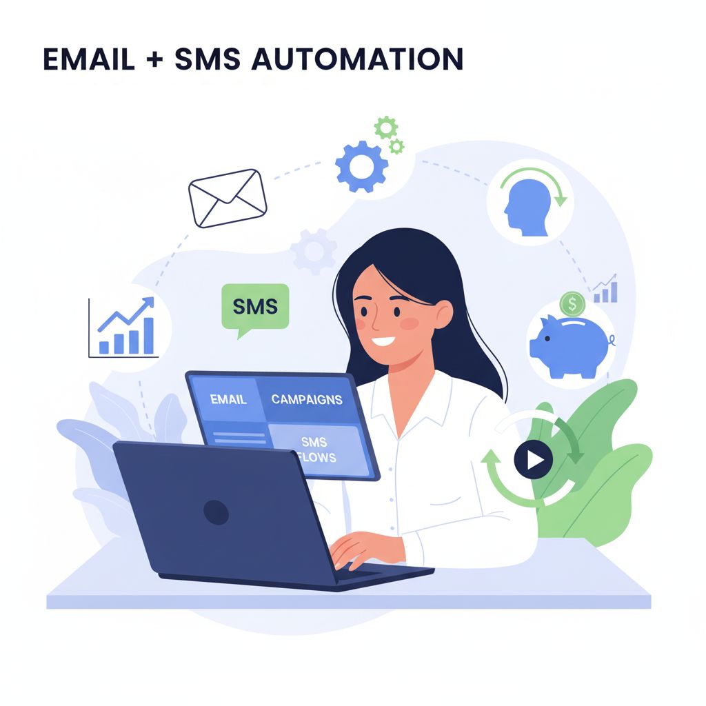 Business owner using Email + SMS automation platform to manage multi-channel customer communication, retention, and cashflow with analytics dashboard.